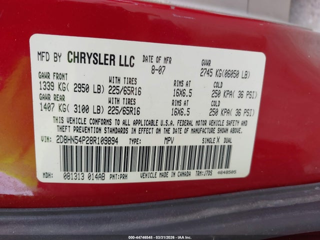Продажа на аукционе авто 2008 Dodge Grand Caravan Sxt, vin: 2D8HN54P28R109894, номер лота: 44746548