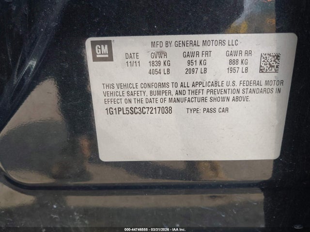 2012 Chevrolet Cruze 1lt მანქანა იყიდება აუქციონზე, vin: 1G1PL5SC3C7217038, აუქციონის ნომერი: 44746555