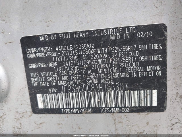 Продаж на аукціоні авто 2010 Subaru Forester 2.5x Limited, vin: JF2SH6DC8AH783307, номер лоту: 44746591