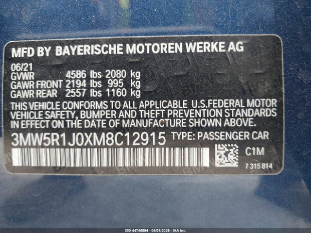 2021 Bmw 330i მანქანა იყიდება აუქციონზე, vin: 3MW5R1J0XM8C12915, აუქციონის ნომერი: 44746594