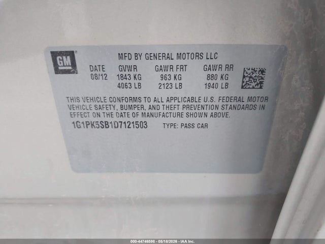 Продажа на аукционе авто 2013 Chevrolet Cruze Lt, vin: 1G1PK5SB1D7121503, номер лота: 44746598