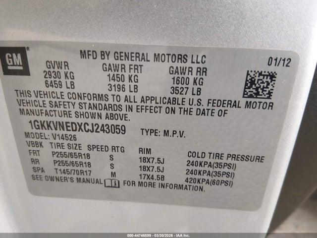 Продажа на аукционе авто 2012 Gmc Acadia Sl, vin: 1GKKVNEDXCJ243059, номер лота: 44746599