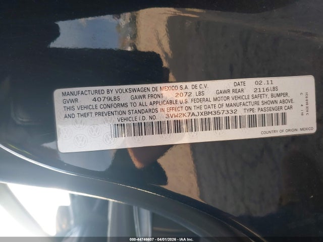 44746607 :رقم المزاد ، 3VW2K7AJXBM357332 vin ، 2011 Volkswagen Jetta 2.0l S مزاد بيع