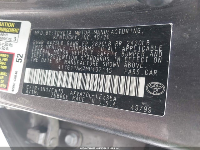 Aukcja sprzedaży 2021 Toyota Camry Se, vin: 4T1G11AK7MU407115, numer aukcji: 44746637