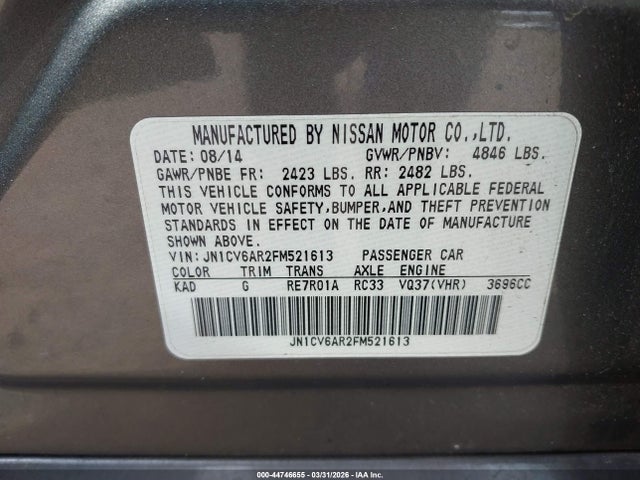 Aukcja sprzedaży 2015 Infiniti Q40, vin: JN1CV6AR2FM521613, numer aukcji: 44746655