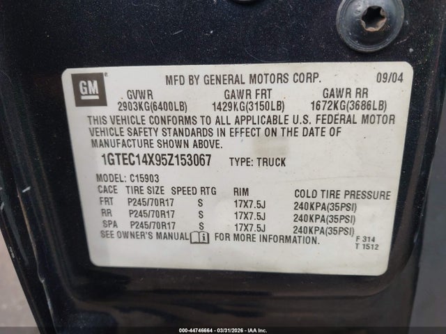 Aukcja sprzedaży 2005 Gmc Sierra 1500 Work Truck, vin: 1GTEC14X95Z153067, numer aukcji: 44746664