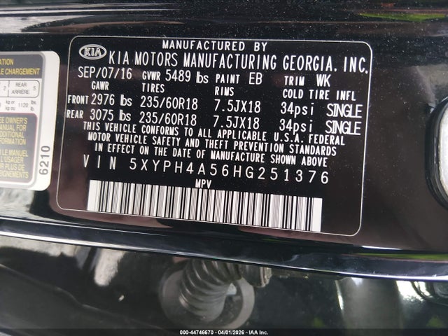 44746670 :رقم المزاد ، 5XYPH4A56HG251376 vin ، 2017 Kia Sorento 3.3l Ex مزاد بيع