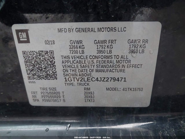 Продаж на аукціоні авто 2018 Gmc Sierra 1500, vin: 1GTV2LEC4JZ279471, номер лоту: 44746689