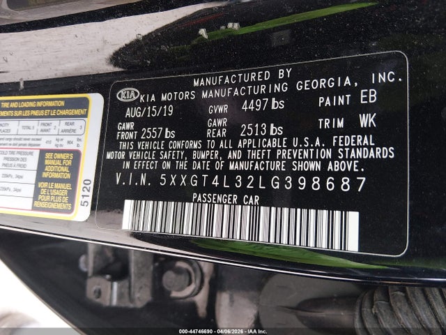 Aukcja sprzedaży 2020 Kia Optima Lx, vin: 5XXGT4L32LG398687, numer aukcji: 44746690