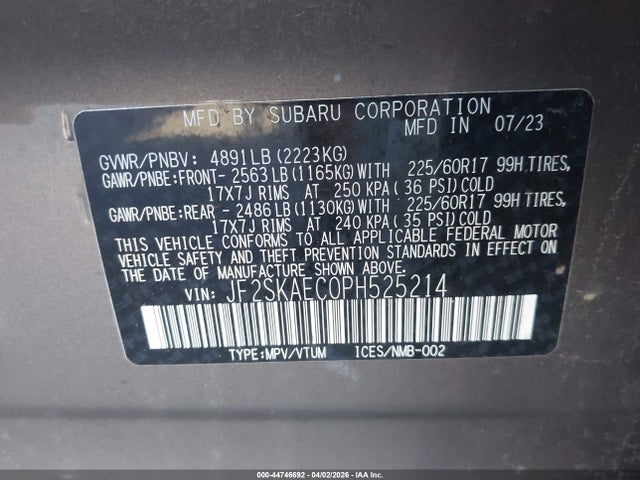 Aukcja sprzedaży 2023 Subaru Forester Premium, vin: JF2SKAEC0PH525214, numer aukcji: 44746692