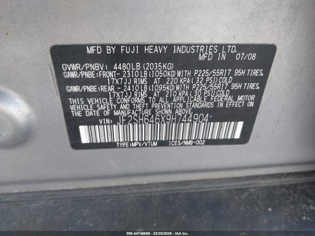 Aukcja sprzedaży 2009 Subaru Forester 2.5x Limited, vin: JF2SH646X9H744904, numer aukcji: 44746696