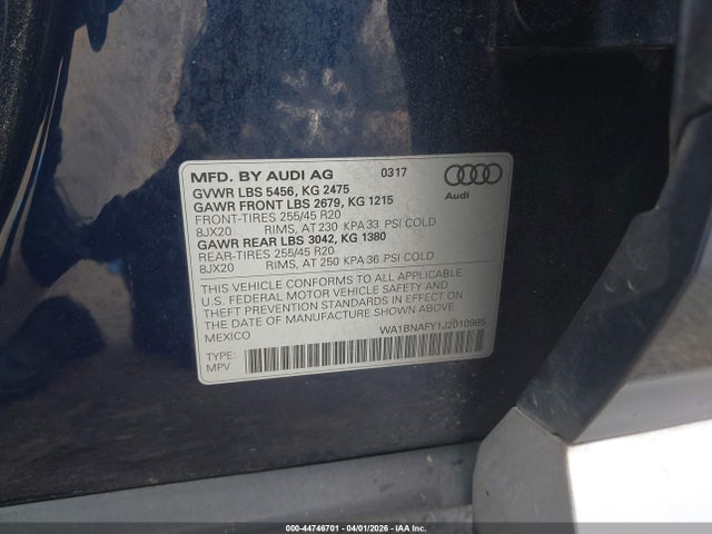 Aukcja sprzedaży 2018 Audi Q5 2.0t Premium/2.0t Tech Premium, vin: WA1BNAFY1J2010985, numer aukcji: 44746701