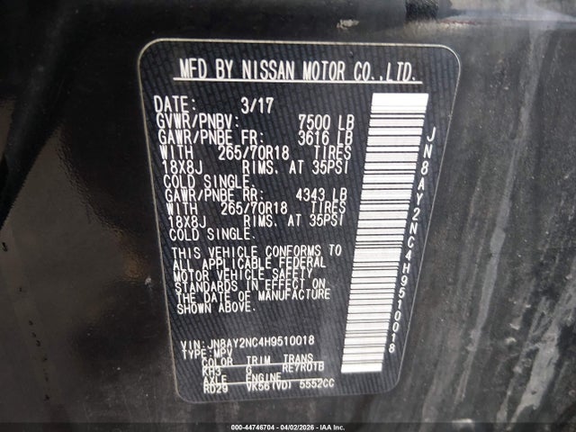 Продаж на аукціоні авто 2017 Nissan Armada Sv, vin: JN8AY2NC4H9510018, номер лоту: 44746704