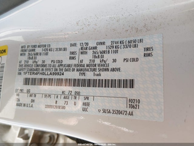 Aukcja sprzedaży 2020 Ford Ranger Lariat, vin: 1FTER4FH0LLA99924, numer aukcji: 44746724