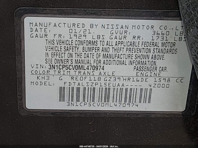 Aukcja sprzedaży 2021 Nissan Kicks Sv Xtronic Cvt, vin: 3N1CP5CV0ML470974, numer aukcji: 44746725