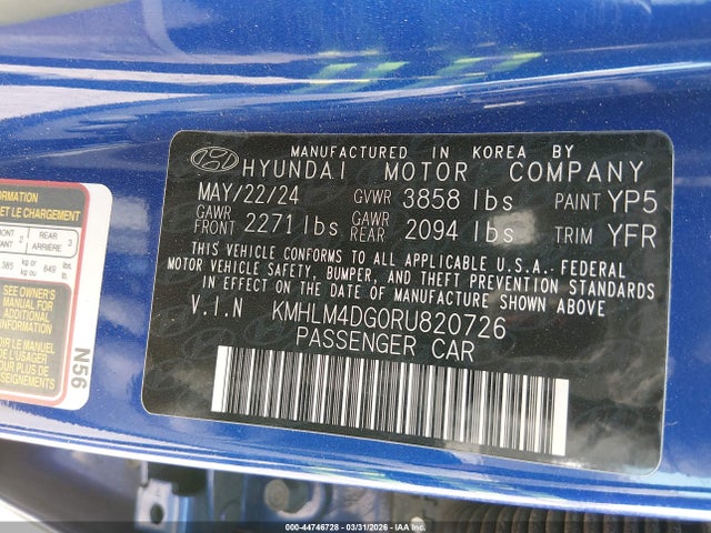 2024 Hyundai Elantra Sel მანქანა იყიდება აუქციონზე, vin: KMHLM4DG0RU820726, აუქციონის ნომერი: 44746728
