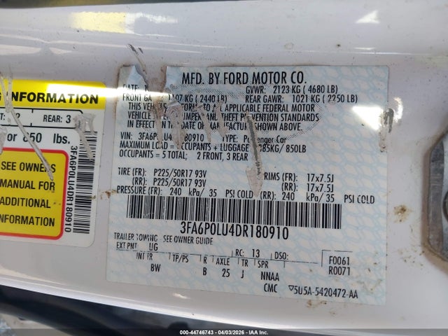 2013 Ford Fusion Hybrid Se მანქანა იყიდება აუქციონზე, vin: 3FA6P0LU4DR180910, აუქციონის ნომერი: 44746743