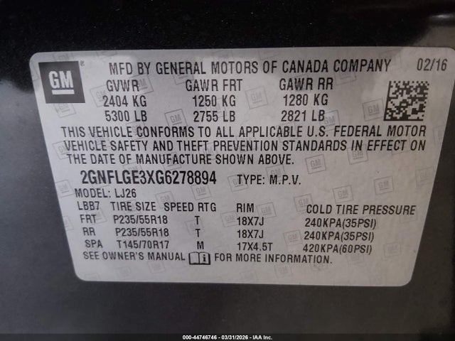 Продаж на аукціоні авто 2016 Chevrolet Equinox Ltz, vin: 2GNFLGE3XG6278894, номер лоту: 44746746