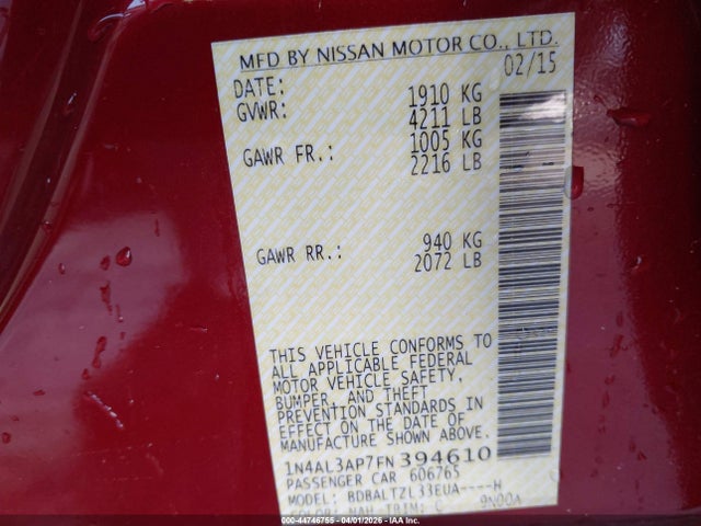 2015 Nissan Altima 2.5 Sl მანქანა იყიდება აუქციონზე, vin: 1N4AL3AP7FN394610, აუქციონის ნომერი: 44746755