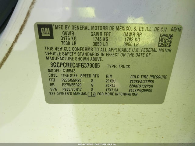 2015 Chevrolet Silverado 1500 1lt მანქანა იყიდება აუქციონზე, vin: 3GCPCREC4FG379005, აუქციონის ნომერი: 44746760