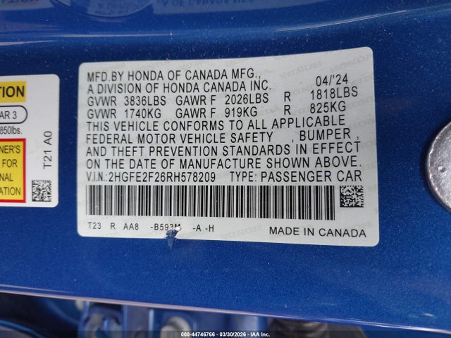Продаж на аукціоні авто 2024 Honda Civic Lx, vin: 2HGFE2F26RH578209, номер лоту: 44746766