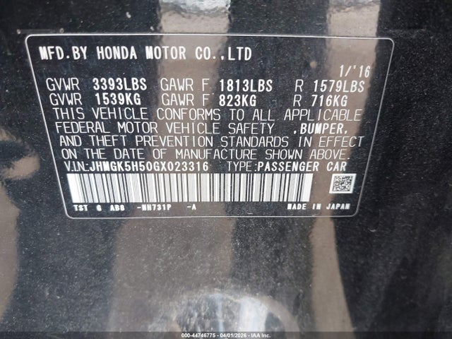 JHMGK5H50GX023316 Honda FIT LX