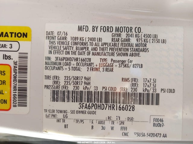 Ford FUSION SE 2017 3FA6P0HD7HR166028 Image 9