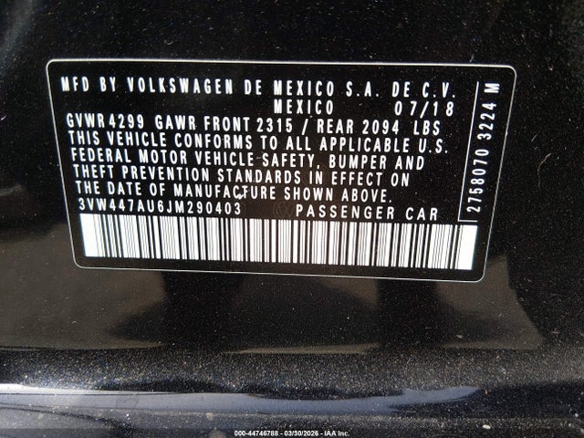Aukcja sprzedaży 2018 Volkswagen Golf Gti 2.0t Autobahn/2.0t S/2.0t Se, vin: 3VW447AU6JM290403, numer aukcji: 44746788