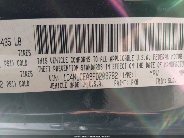 44746791 :رقم المزاد ، 1C4NJCEA9FD209762 vin ، 2015 Jeep Compass High Altitude Edition مزاد بيع