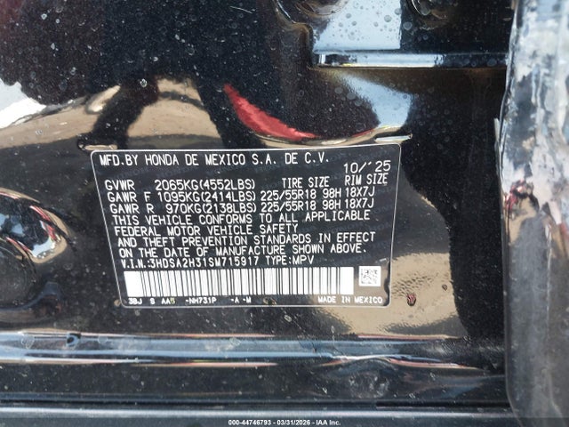 44746793 :رقم المزاد ، 3HDSA2H31SM715917 vin ، 2025 Acura Adx مزاد بيع