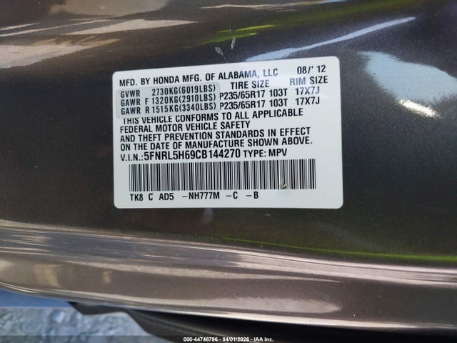 Aukcja sprzedaży 2012 Honda Odyssey Ex-l, vin: 5FNRL5H69CB144270, numer aukcji: 44746796