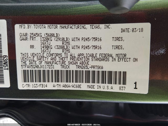 5TFAX5GN0JX117231 Toyota Tacoma Sr