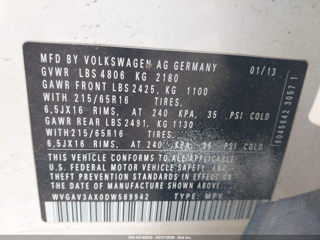 2013 Volkswagen Tiguan S მანქანა იყიდება აუქციონზე, vin: WVGAV3AX0DW589942, აუქციონის ნომერი: 44746830