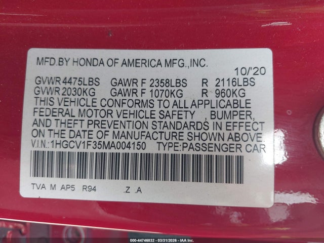 Продажа на аукционе авто 2021 Honda Accord Sport, vin: 1HGCV1F35MA004150, номер лота: 44746832