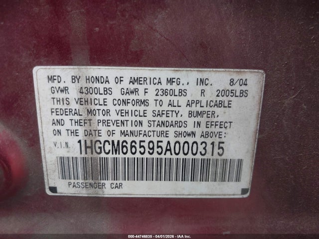 2005 Honda Accord 3.0 Ex მანქანა იყიდება აუქციონზე, vin: 1HGCM66595A000315, აუქციონის ნომერი: 44746835
