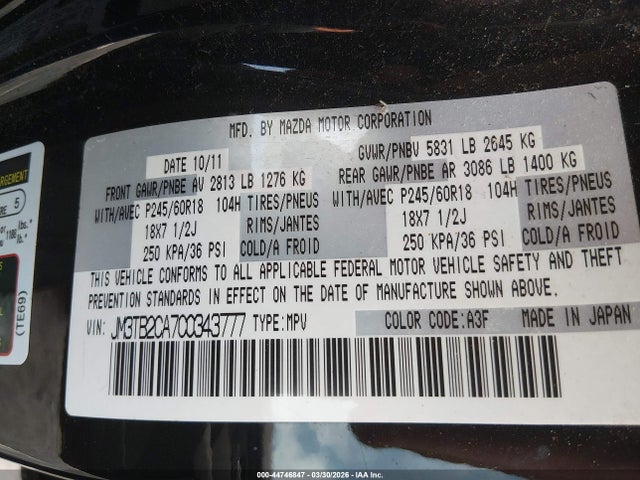 Продажа на аукционе авто 2012 Mazda Cx-9 Touring, vin: JM3TB2CA7C0343777, номер лота: 44746847