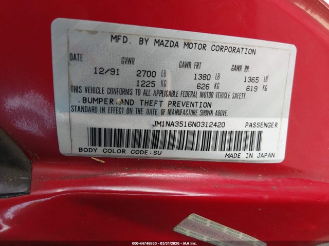 1992 Mazda Mx-5 Miata მანქანა იყიდება აუქციონზე, vin: JM1NA3516N0312420, აუქციონის ნომერი: 44746850