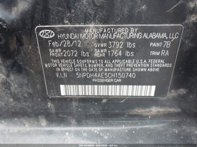 Aukcja sprzedaży 2012 Hyundai Elantra Gls, vin: 5NPDH4AE5CH150740, numer aukcji: 44746859