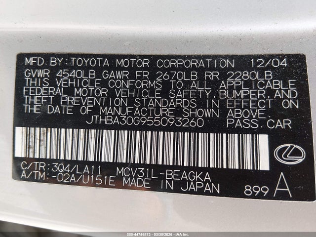 44746873 :رقم المزاد ، JTHBA30G955093260 vin ، 2005 Lexus Es 330 مزاد بيع