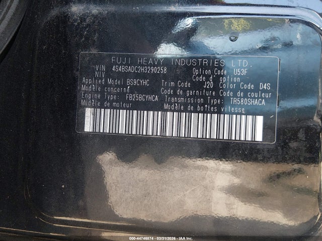44746874 :رقم المزاد ، 4S4BSADC2H3290258 vin ، 2017 Subaru Outback 2.5i Premium مزاد بيع
