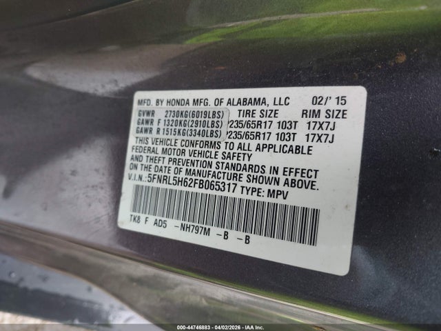 Aukcja sprzedaży 2015 Honda Odyssey Ex-l, vin: 5FNRL5H62FB065317, numer aukcji: 44746883