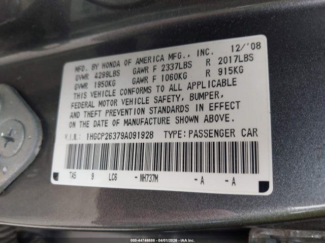 44746888 :رقم المزاد ، 1HGCP26379A091928 vin ، 2009 Honda Accord 2.4 Lx مزاد بيع