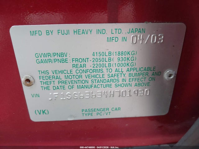 Aukcja sprzedaży 2004 Subaru Forester 2.5x, vin: JF1SG63634H701930, numer aukcji: 44746895