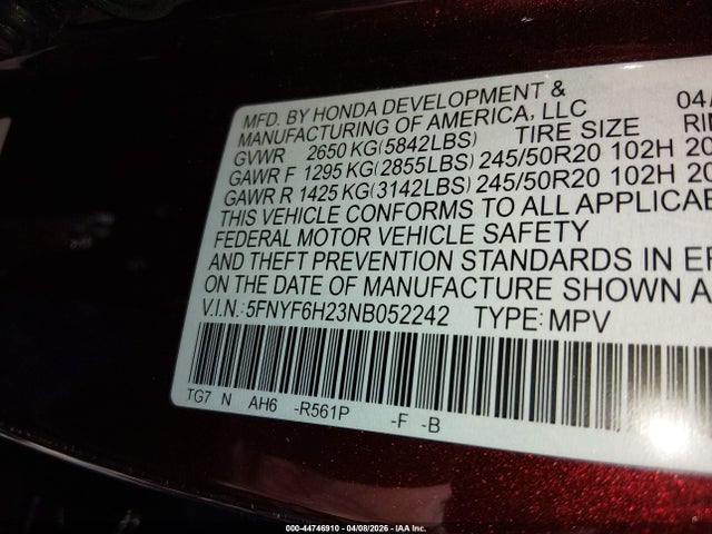 2022 Honda Pilot Awd Special Edition მანქანა იყიდება აუქციონზე, vin: 5FNYF6H23NB052242, აუქციონის ნომერი: 44746910