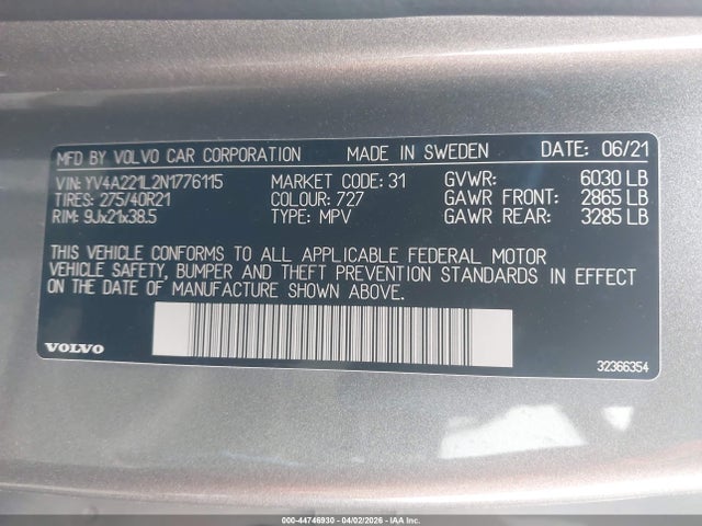 44746930 :رقم المزاد ، YV4A221L2N1776115 vin ، 2022 Volvo Xc90 T6 Inscription 6 Passenger مزاد بيع