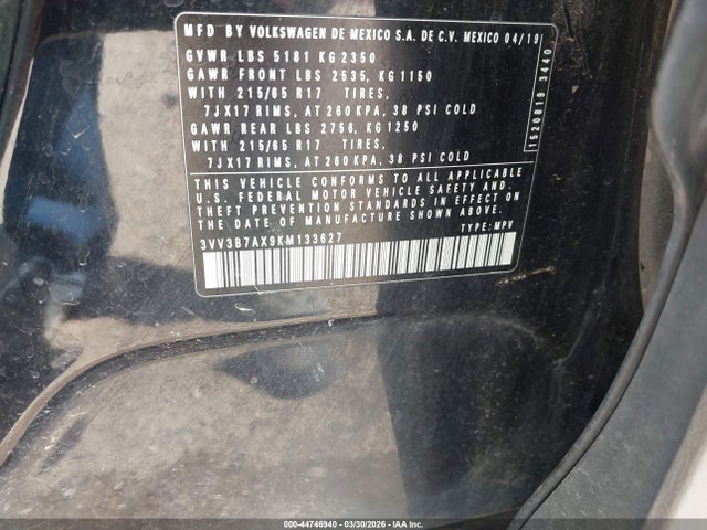 Продаж на аукціоні авто 2019 Volkswagen Tiguan 2.0t Se/2.0t Sel/2.0t Sel R-line/2.0t Sel R-line Black, vin: 3VV3B7AX9KM133627, номер лоту: 44746940