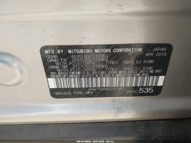 Продаж на аукціоні авто 2019 Mitsubishi Eclipse Cross Es, vin: JA4AT3AA4KZ047481, номер лоту: 44746944