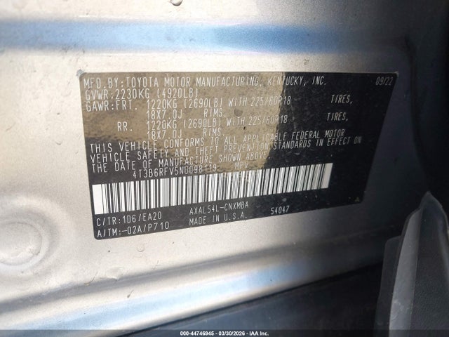 Aukcja sprzedaży 2022 Toyota Rav4 Hybrid Xle Premium, vin: 4T3B6RFV5NU098119, numer aukcji: 44746945