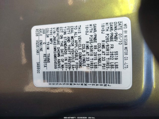 Aukcja sprzedaży 2010 Infiniti Fx35, vin: JN8AS1MW2AM854599, numer aukcji: 44746971