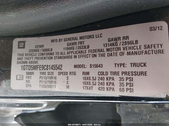 44746973 :رقم المزاد ، 1GTD5MFE9C8145542 vin ، 2012 Gmc Canyon Sle1 مزاد بيع